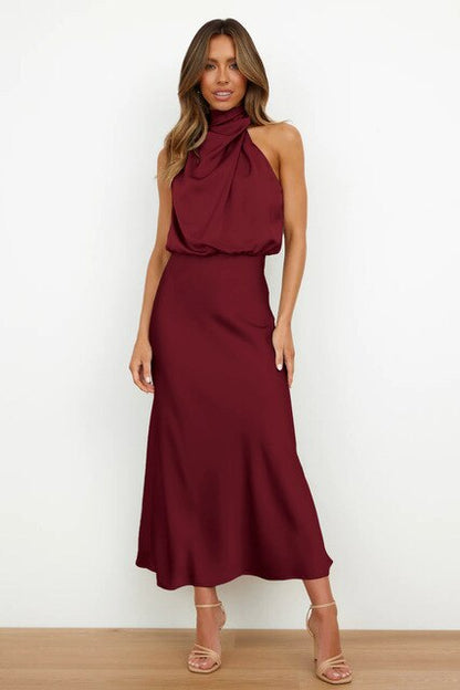 Zara - Stijlvolle Vrouwelijke Satijnen Cocktail Halter Jurk met Hoge Hals en Slanke Taille