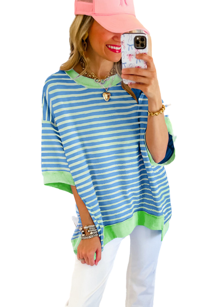 Anna - Horizontaal Gestreept Loose Fit T-shirt met Contrast Trim en Wijde Korte Mouwen
