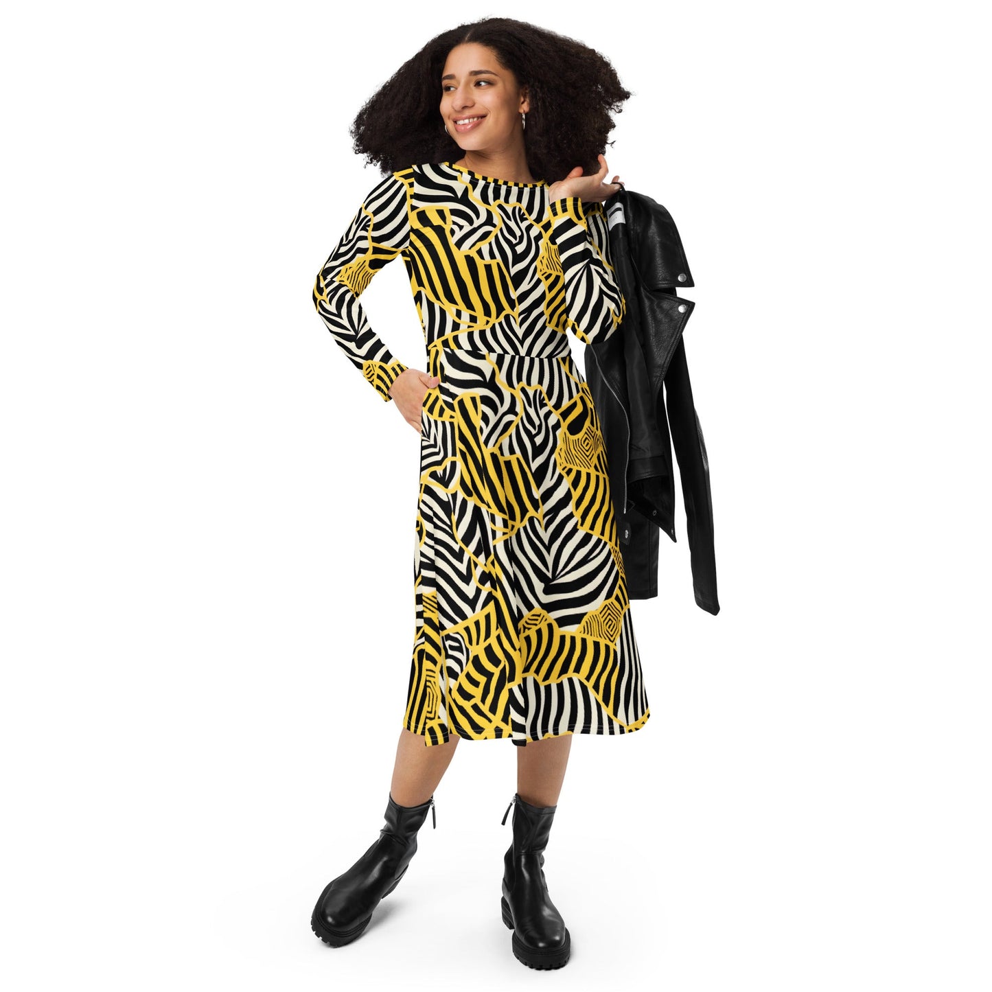Astrid - Zebralicious Lange Mouwen Midi Jurk met Hoge Hals in Zwart Wit Gele Safari Print