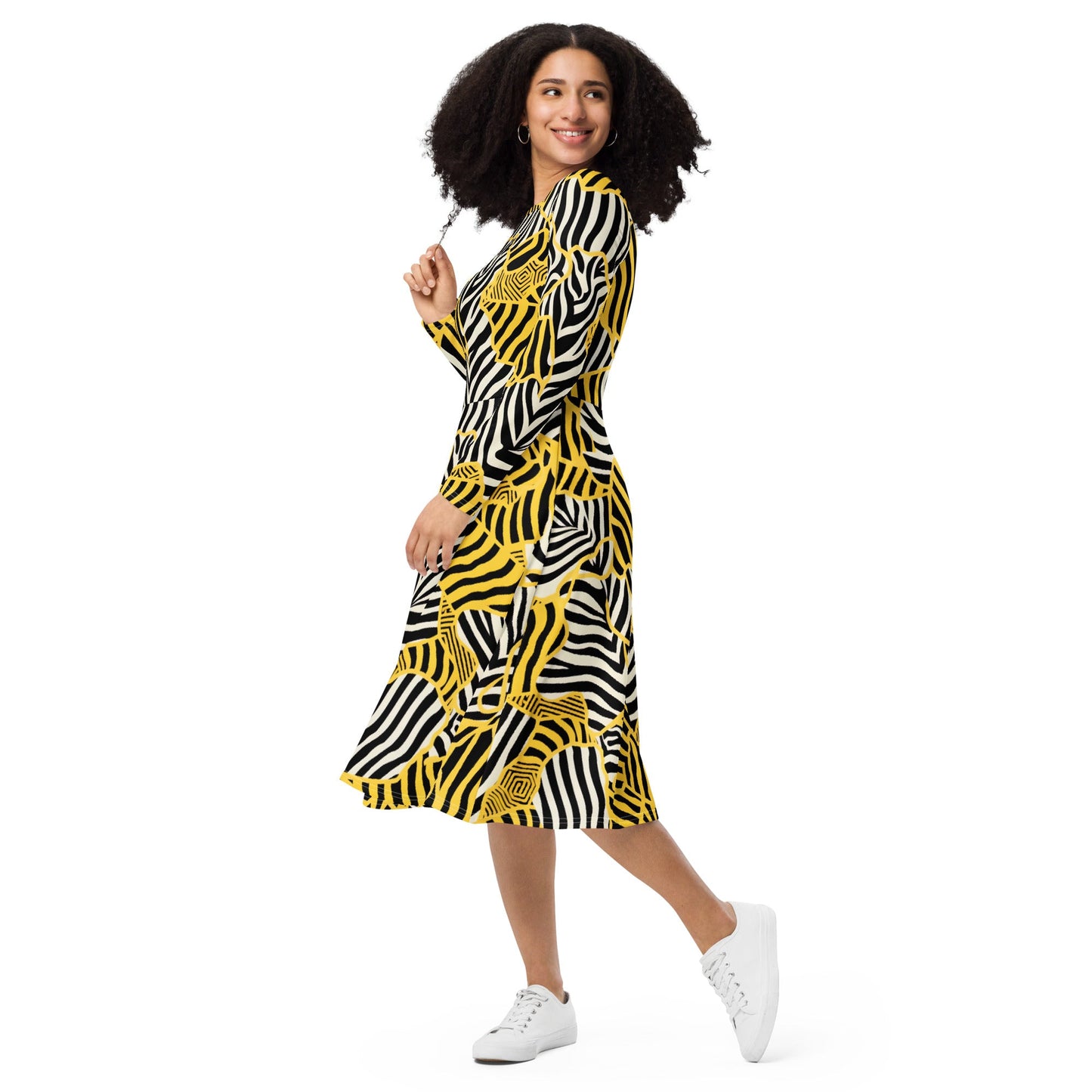 Astrid - Zebralicious Lange Mouwen Midi Jurk met Hoge Hals in Zwart Wit Gele Safari Print