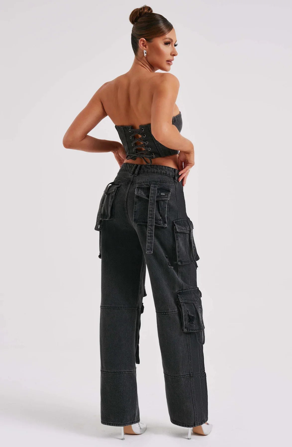 Mila - Stijlvolle Denim Tweedelige Set van Strapless Top Cargo Broek met Zakken