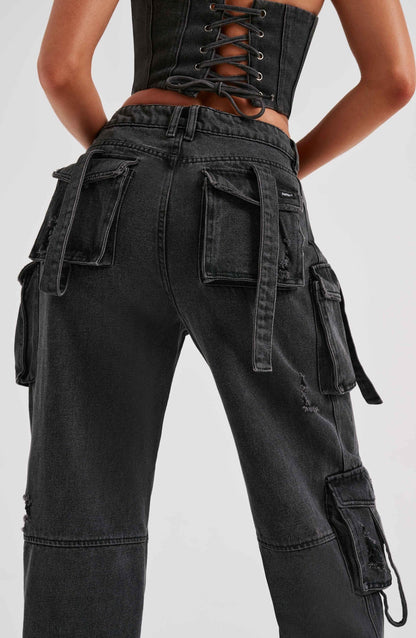 Mila - Stijlvolle Denim Tweedelige Set van Strapless Top Cargo Broek met Zakken