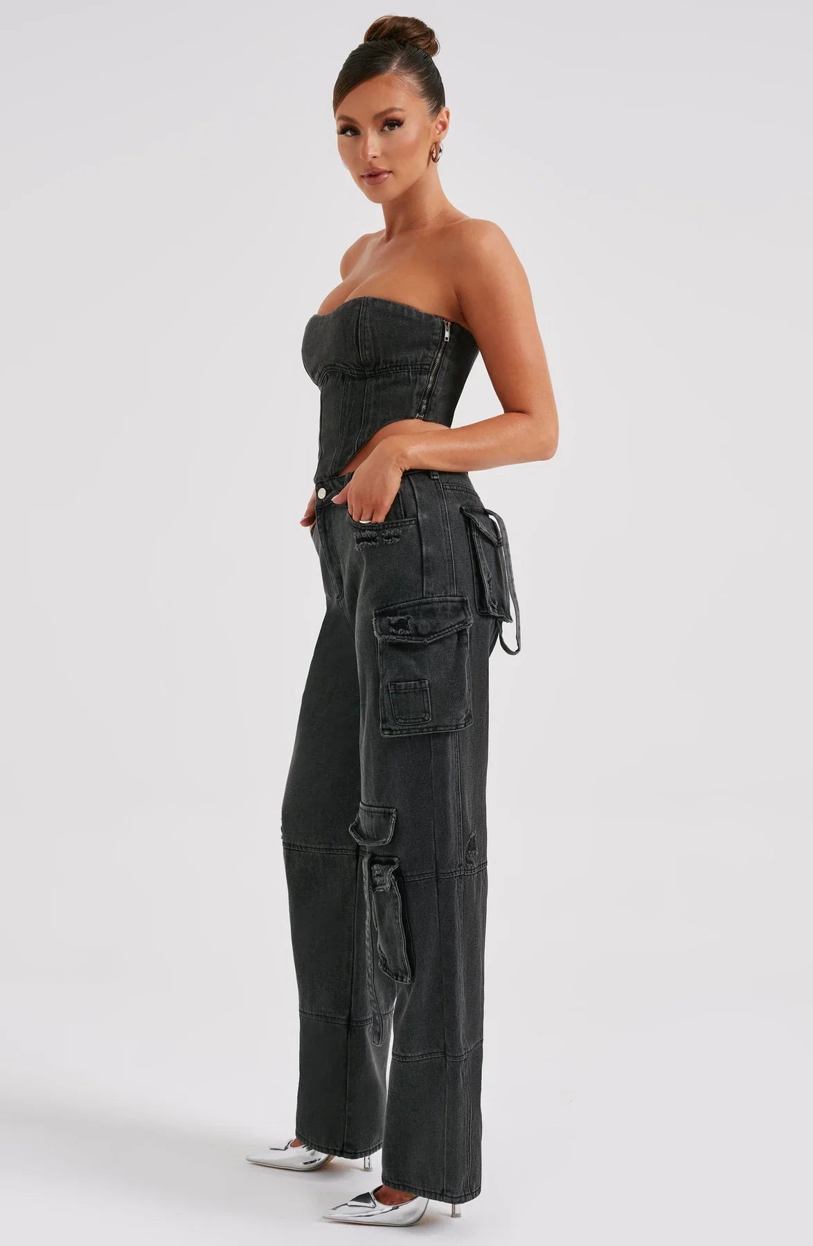 Mila - Stijlvolle Denim Tweedelige Set van Strapless Top Cargo Broek met Zakken