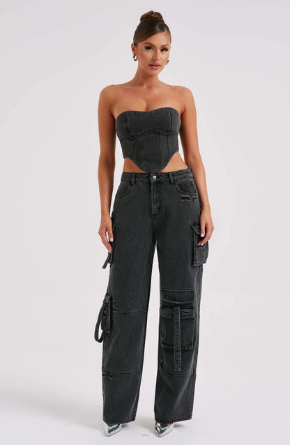 Mila - Stijlvolle Denim Tweedelige Set van Strapless Top Cargo Broek met Zakken