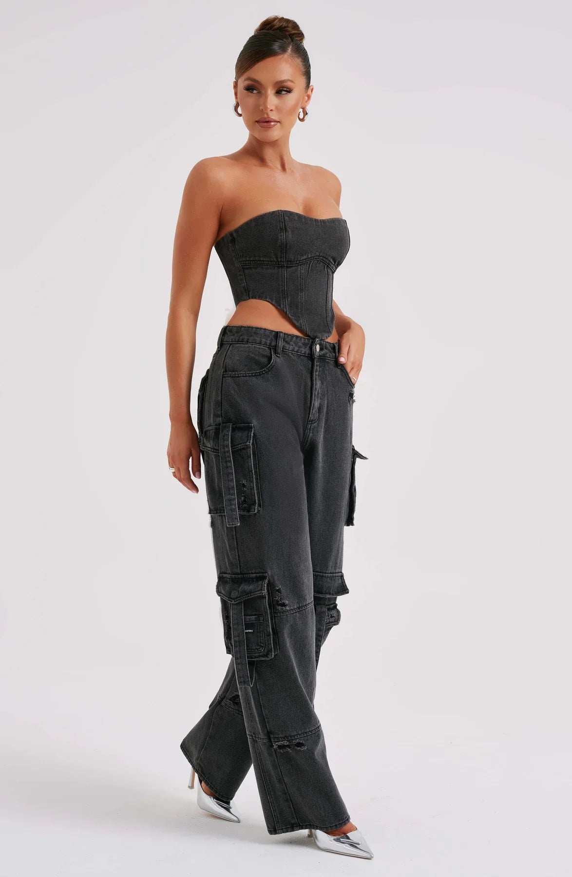 Mila - Stijlvolle Denim Tweedelige Set van Strapless Top Cargo Broek met Zakken