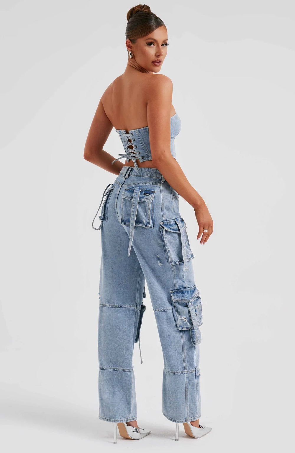 Mila - Stijlvolle Denim Tweedelige Set van Strapless Top Cargo Broek met Zakken