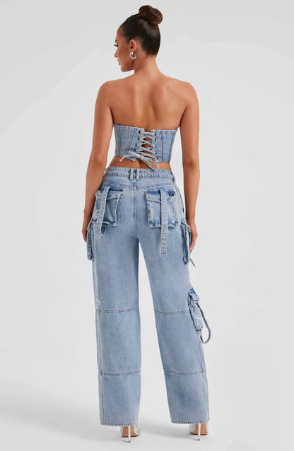 Mila - Stijlvolle Denim Tweedelige Set van Strapless Top Cargo Broek met Zakken