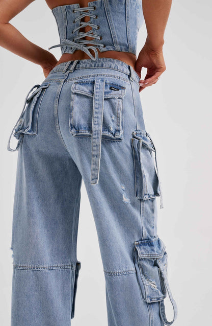 Mila - Stijlvolle Denim Tweedelige Set van Strapless Top Cargo Broek met Zakken