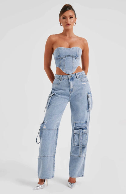 Mila - Stijlvolle Denim Tweedelige Set van Strapless Top Cargo Broek met Zakken