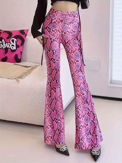 Maaike - Hoge Taille Flared Stretch Broek in Roze Slangenmotief