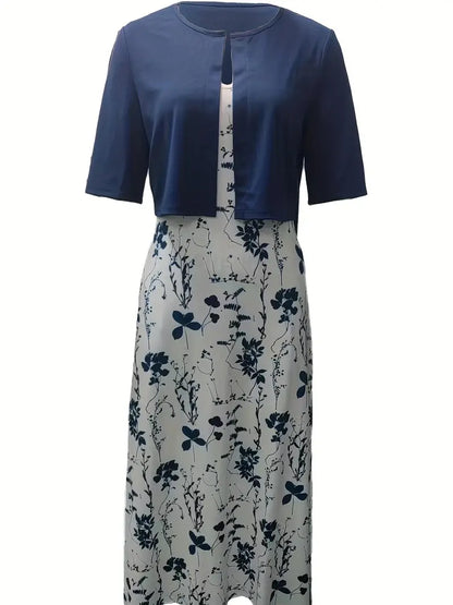 Anna - Elegant Tweedelige Set Effen Kleur Vestje Top en Ronde Halslijn Bloemetjes Jurk