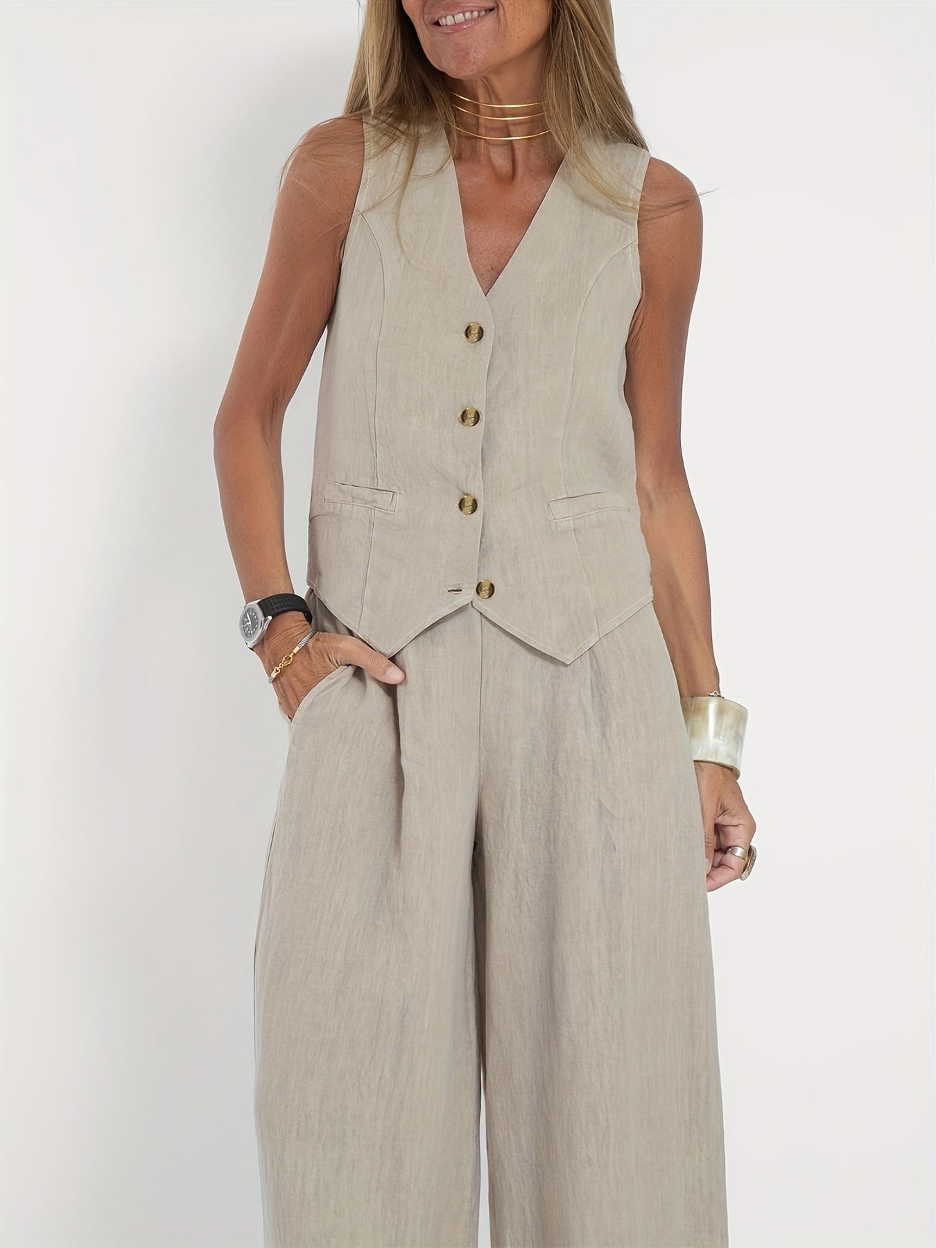 Maaike - Dames Tweedelig Set van Colbert en Wijde Broek van 100% Linnen in Beige