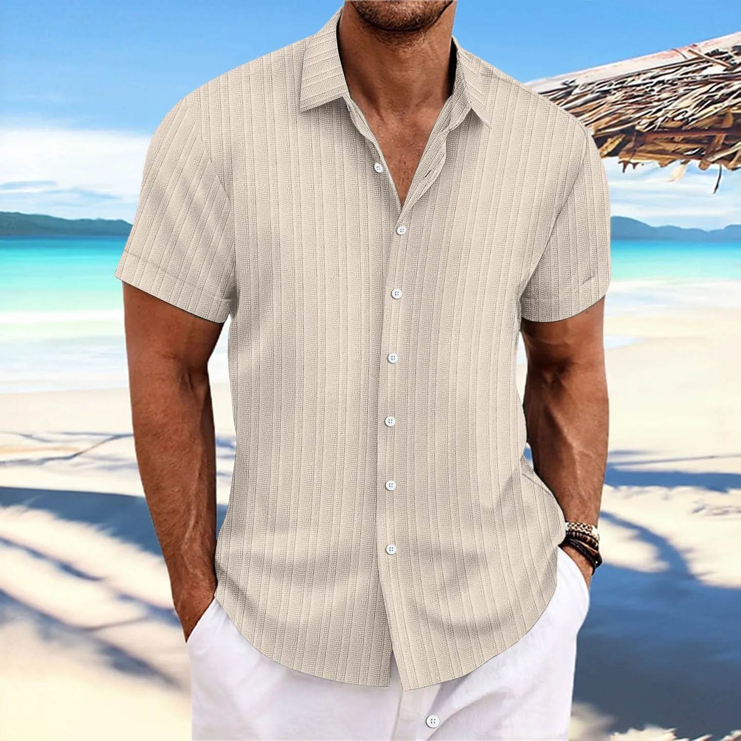 Finn  - Zomers Heren Overhemd met Korte Mouwen  Lichtgewicht Linnenlook Beach Casual in Effen Kleuren