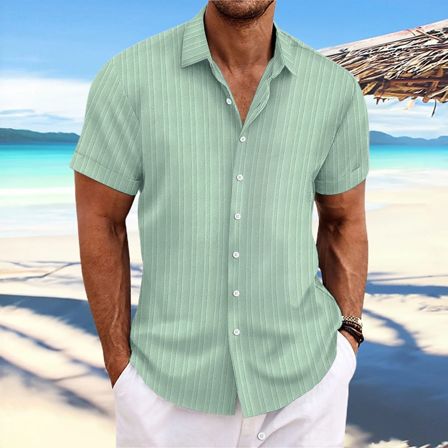 Finn  - Zomers Heren Overhemd met Korte Mouwen  Lichtgewicht Linnenlook Beach Casual in Effen Kleuren