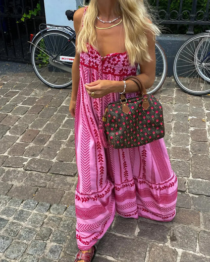 Mendy - Boheemse Roze en Rode Maxi Jurk