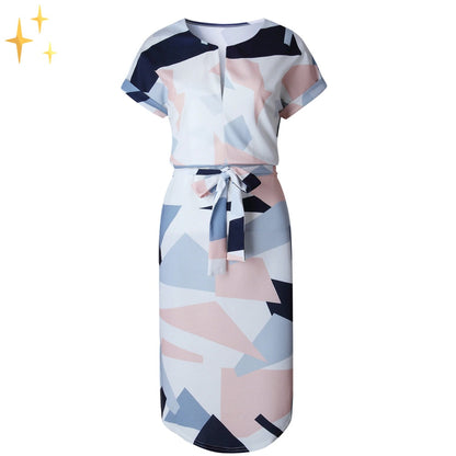 Noah Midi Jurk met Korte Mouwtjes Hoge Hals Tailleband en Geometrische Print