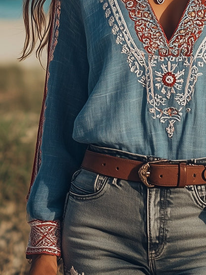 Elin - Boho Geborduurde V-hals Blouse met Fijne Details