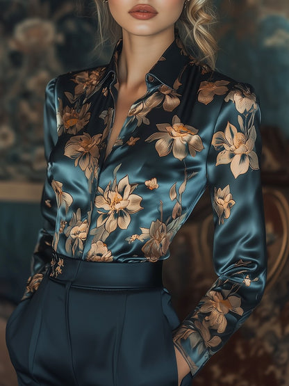 Charlotte - Bloemen Satijnen Knopen-Up Blouse