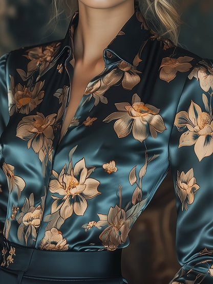 Charlotte - Bloemen Satijnen Knopen-Up Blouse