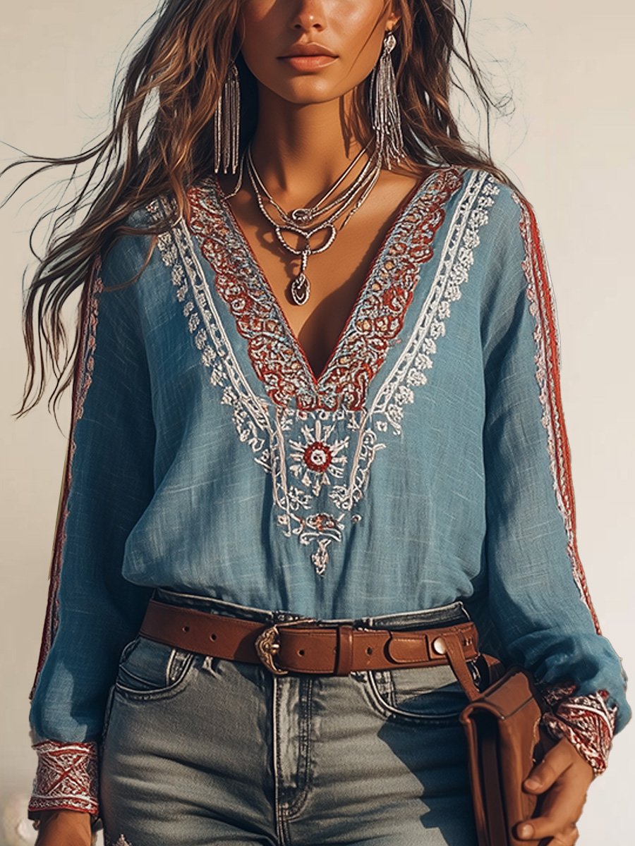 Elin - Boho Geborduurde V-hals Blouse met Fijne Details