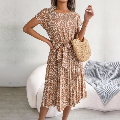 Janne - Dames Bloemetjes Midi Jurk Met Korte Mouwen Tailleband en Plooien