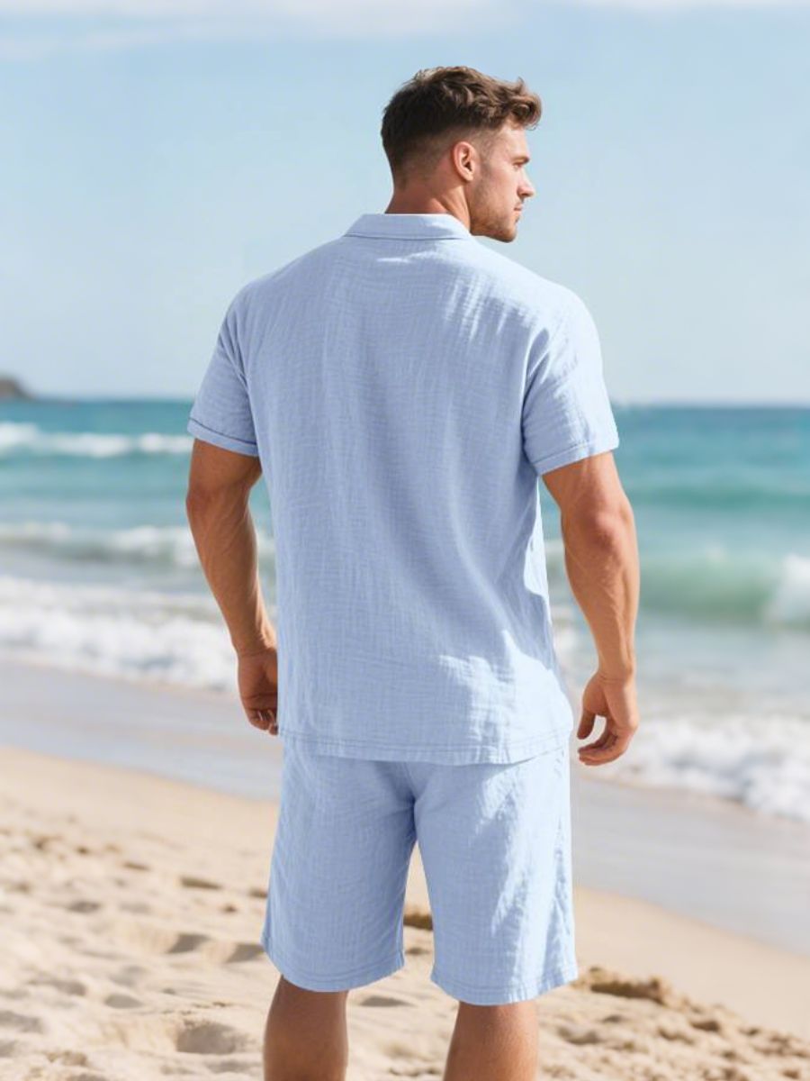 John - Tweedelig Linnen Vakantie Zomer Set van Korte Mouwen Polo met Knoopjes en Elastische Taille Shorts