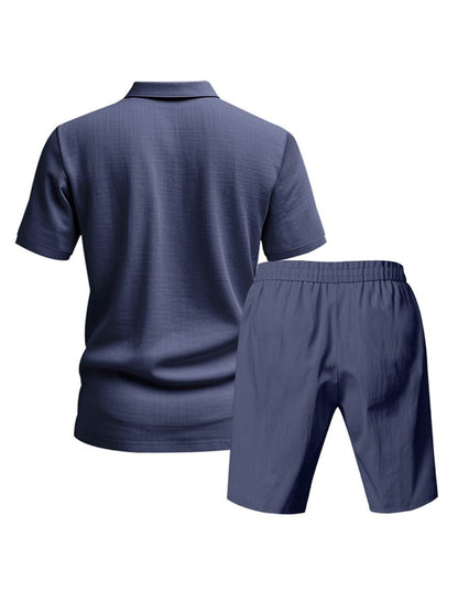 John - Tweedelig Linnen Vakantie Zomer Set van Korte Mouwen Polo met Knoopjes en Elastische Taille Shorts