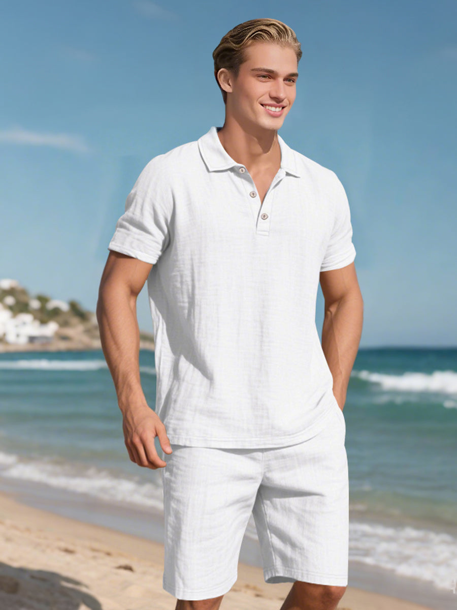John - Tweedelig Linnen Vakantie Zomer Set van Korte Mouwen Polo met Knoopjes en Elastische Taille Shorts