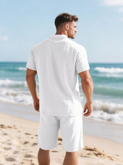 John - Tweedelig Linnen Vakantie Zomer Set van Korte Mouwen Polo met Knoopjes en Elastische Taille Shorts
