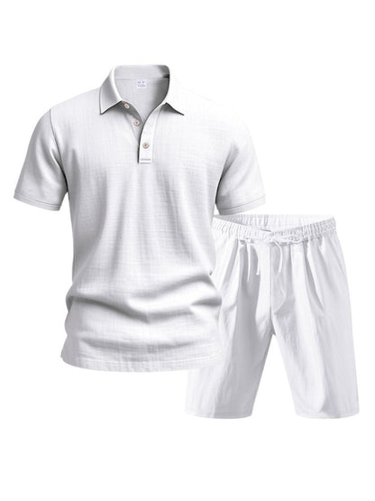 John - Tweedelig Linnen Vakantie Zomer Set van Korte Mouwen Polo met Knoopjes en Elastische Taille Shorts