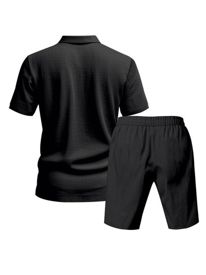 John - Tweedelig Linnen Vakantie Zomer Set van Korte Mouwen Polo met Knoopjes en Elastische Taille Shorts