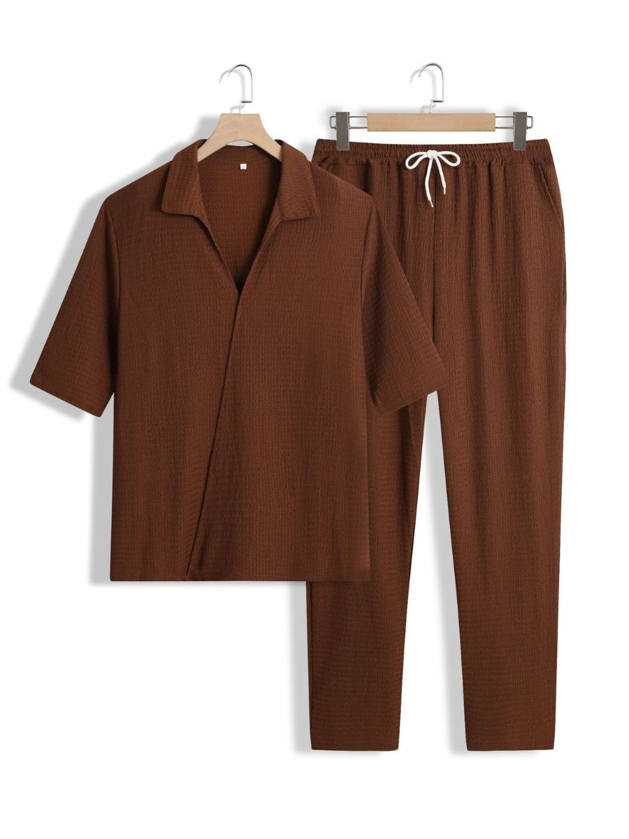 Lars - Textuur Tweedelige Zomer Set van V-Hals Shirt met Halflange Mouwen en Wijde Broek voor Mannen