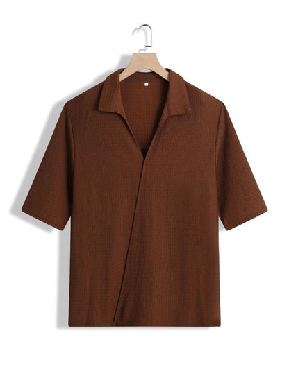 Lars - Textuur Tweedelige Zomer Set van V-Hals Shirt met Halflange Mouwen en Wijde Broek voor Mannen