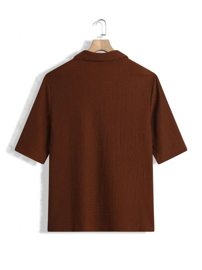 Lars - Textuur Tweedelige Zomer Set van V-Hals Shirt met Halflange Mouwen en Wijde Broek voor Mannen