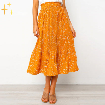 Norah Wijde Polkadot Midi Rok met Elastische Taille Schuine Zakken en Plooien