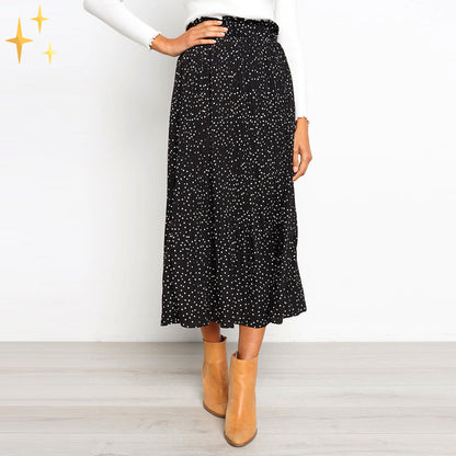 Norah Wijde Polkadot Midi Rok met Elastische Taille Schuine Zakken en Plooien