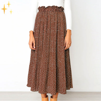Norah Wijde Polkadot Midi Rok met Elastische Taille Schuine Zakken en Plooien