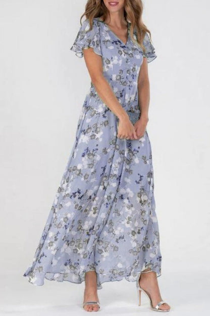 Eva - V-Hals Chiffon Bloemen Ruffle Maxi Jurk met Korte Mouwen