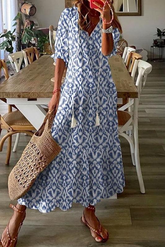 Maaike - Blauwe V-Hals Halve Mouwen Geometrische Print Maxi Jurk