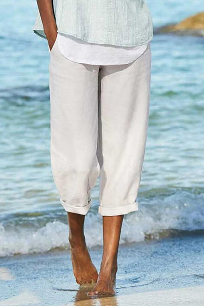 Sophie - Effen Gekleurde Zomer Katoenen Linnen 3/4 Broek met Elastische Taille