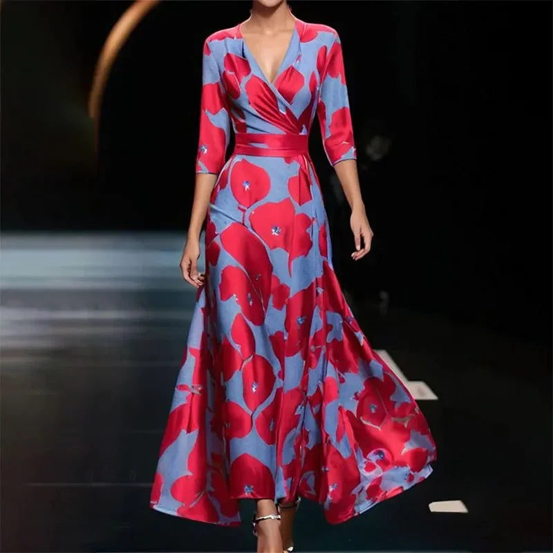Ava - Maxi Jurk met V-hals en Bloemenprint