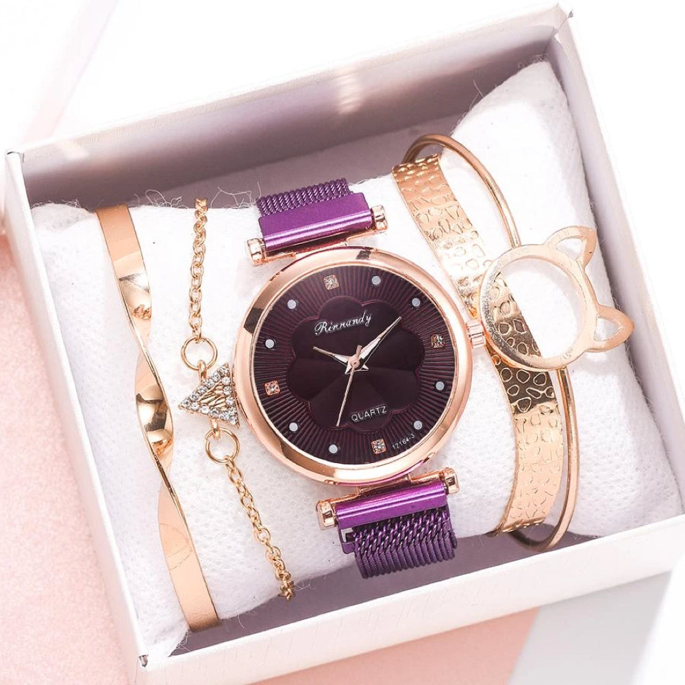 Analoog Quartz Horloge met Roestvrij Stalen Mesh Band en 4 Bijpassende Armbanden