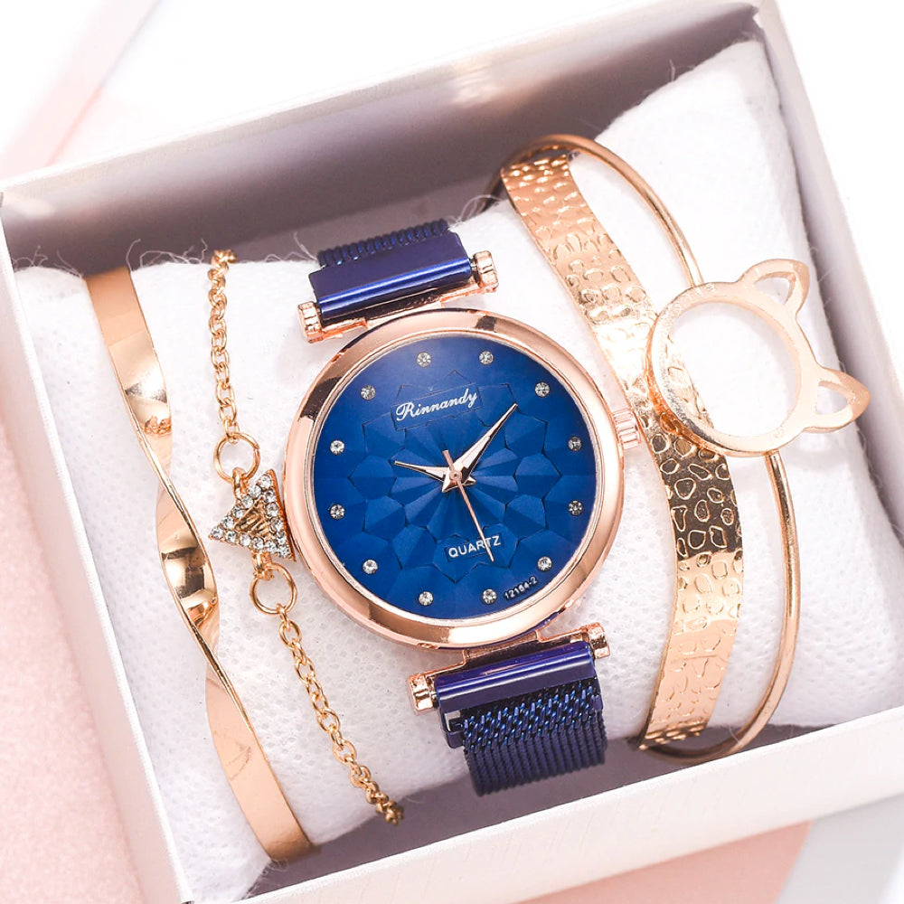 Analoog Quartz Horloge met Roestvrij Stalen Mesh Band en 4 Bijpassende Armbanden