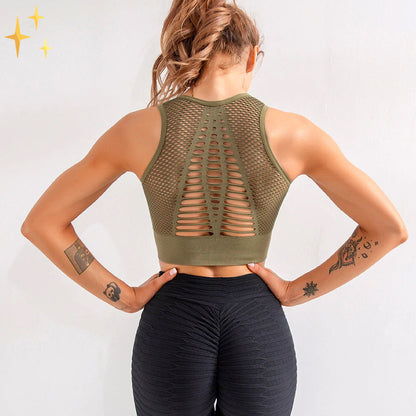 Sacha Ondersteunende Sport BH Tanktop met Cross Straps Mesh Sexy Rug van Ademende Stretch Stof