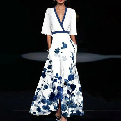 Ava - Maxi Jurk met V-hals en Bloemenprint